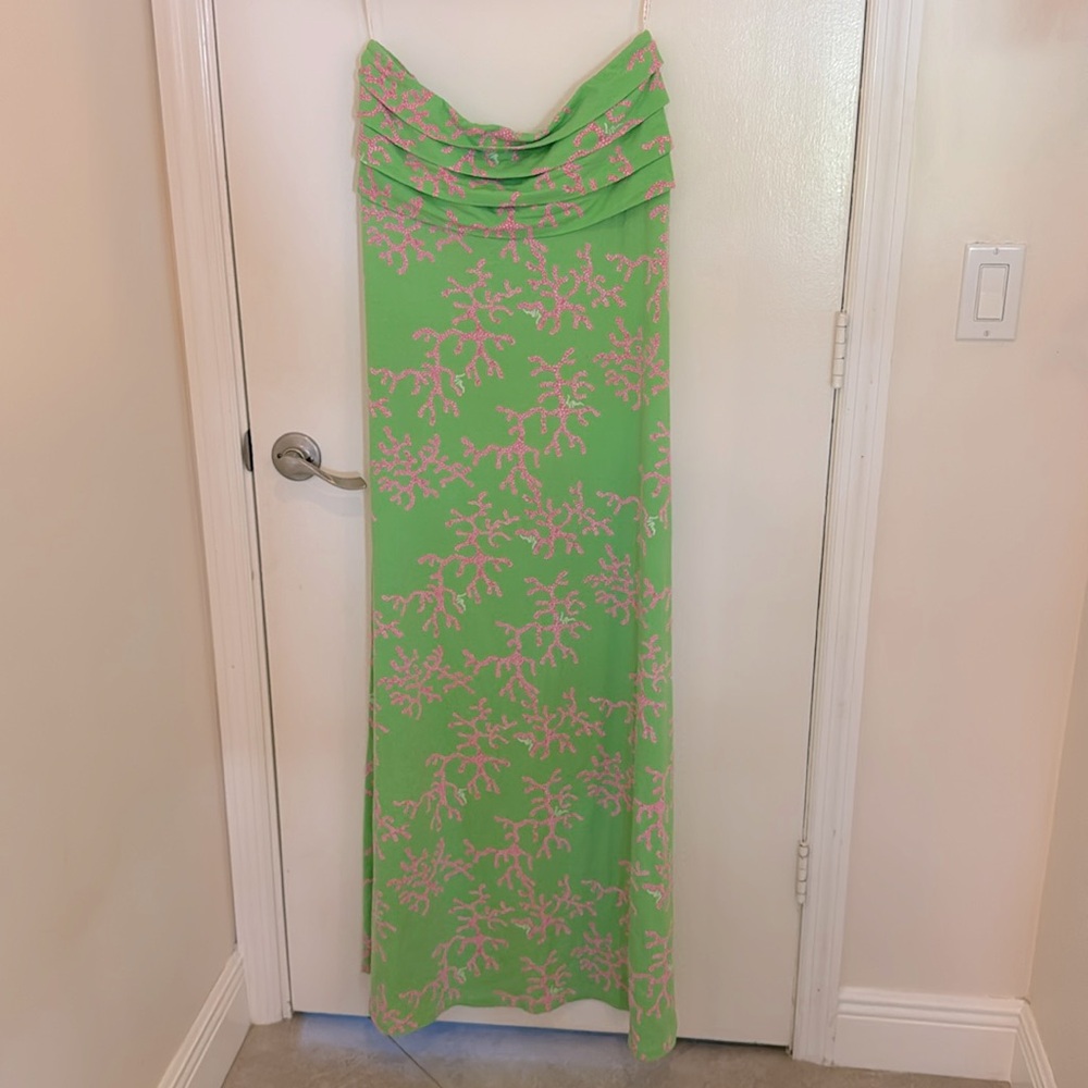 EUC Lilly Pulitzer strapless  pink coral green maxi dress